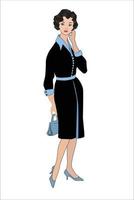 Stylish fashion dressed woman 1960s style. Vintage fashion silhouette from 60s. Elegant businesswoman. Office fashion dress style vector