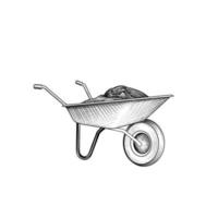 Garden cart with humus isolated rettro etching. Wheelbarrow engraving. Gardening sign vector