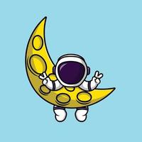 lindo astronauta colgando en la luna con la ilustración del icono del vector de dibujos animados de la mano de la paz. ciencia tecnología icono concepto aislado vector premium.