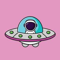 Cute Astronaut Riding Ufo Spaceship Cartoon Vector Icon Illustration. Science Technology Icon Concept Isolated Premium Vector.