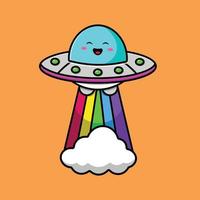 Cute Ufo Rainbow Cloud Cartoon Vector Icon Illustration. Transportation Technology Icon Concept Isolated Premium Vector.
