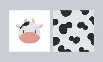 Vector print with cute Cow and seamless pattern. Cartoon style.