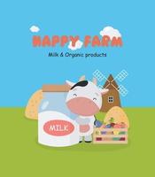 Cute cow with bottle of milk and box with ripe vegetables. Agriculture, farm, farming concept. Vector illustration in cartoon style.