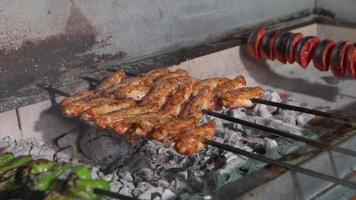 Crispy grilled chicken wings. Chicken wings are cooked on grill charcoal. video