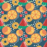 colourful mixed fruits seamless pattern on dark blue vector