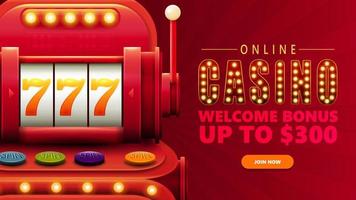 Online casino, red invitation banner for website with button and large volumetric slot machine with jackpot in cartoon style vector
