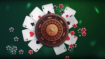 Casino roulette on green table with poker chips and playing cards, top view. Background for your arts vector