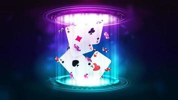 Casino playing cards with poker chips inside pink and blue hologram of digital rings in dark empty scene vector