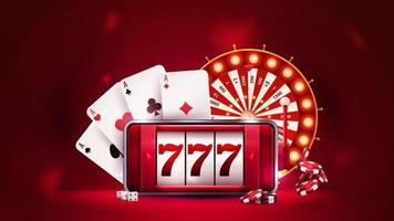 Online casino, red banner with smartphone with slot machine on screen, Casino Wheel Fortune, poker chips and playing cards. vector