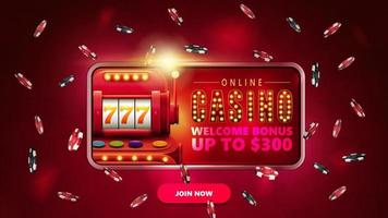 Red banner with button, smartphone with slot machine on screen and poker chips in scene vector