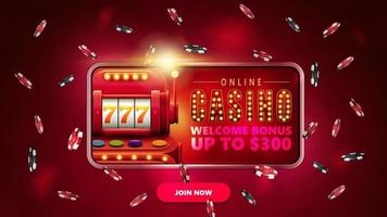 Red banner with button, smartphone with slot machine on screen and poker chips in scene vector