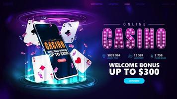 Online casino, banner for website with button, smartphone, poker chips and playing cards on blue and pink digital podium with hologram digital rings in dark room vector