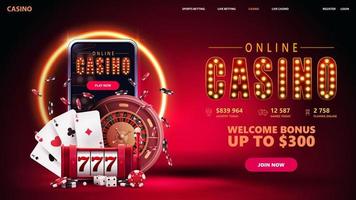 Online casino, red invitation banner for website with button, smartphone, slot machine, Casino Roulette, poker chips and playing cards in red scene with orange neon ring on background. vector