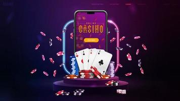 Online casino, banner with podium with smartphone, playing cards, chips, gradient neon square frame in dark empty scene. vector