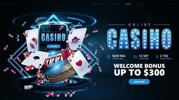 Online casino, blue invitation banner with button, smartphone, casino slot machine, Casino Roulette, cards and poker chips in dark scene with neon rhombus frames and hologram of digital rings vector
