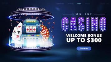 Online casino, blue banner with digital 3D podium in cylindrical shapes, slot machine, playing cards, poker chips and Casino Wheel Fortune vector