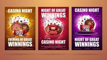 Casino night, set of invitation posters with casino elements. Posters with slot machine, Casino Roulette wheel, playing cards and poker chips vector
