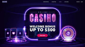 casino en línea, bono de bienvenida, banner para sitio web con botón, máquina tragamonedas de casino de neón digital, rueda de ruleta, naipes vector