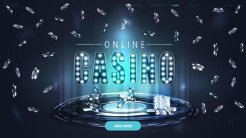 Online casino, blue banner with button, fly poker chips and hologram of digital rings in dark empty scene vector