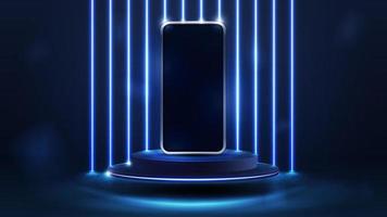 Smartphone on blue podium floating in the air in dark scene with wall of line vertical blue neon lamps on background. vector