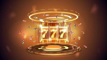Gold Casino slot machine with jackpot, poker chips and hologram of digital rings in orange empty scene vector