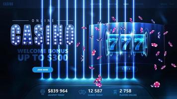 Blue banner with augmented virtual reality interface with neon slot machine and poker chips on background with blue neon line wall vector