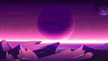 Nature on another planet with a huge planet on the horizon. Mars purple space landscape with large planets on purple starry sky, meteors and mountains. vector