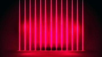 Red empty scene with wall of line vertical neon lamps on background vector