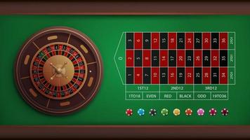 Casino roulette table with poker chips, top view. Realistic vector illustration.