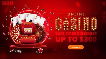 Online casino, red banner with button, red podium with slot machine, Casino Wheel Fortune, Roulette, poker chips, playing cards and neon ring on background vector