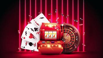 Red banner with Red slot machine, Casino Roulette wheel, poker chips and playing cards in red scene with wall of line vertical neon lamps on background. vector