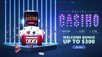 Blue podium with smartphone, red slot machine, poker chips, playing cards in scene with blue neon line wall on background vector