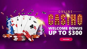 Online casino, pink banner for website with symbol with gold lamp bulbs, poker chips and playing cards. vector