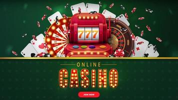 Online casino, green banner with button, slot machine, Casino Wheel Fortune, Roulette, falling poker chips and playing cards. vector
