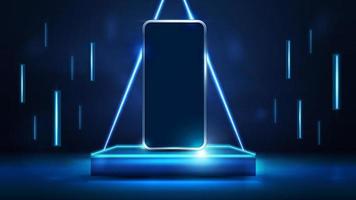 Smartphone on square dark podium for product presentation with line flying lamps around and neon triangle on background, 3d realistic vector illustration. Blue and dark digital scene