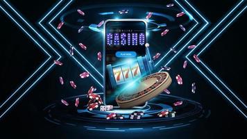 Online casino, dark and blue banner with smartphone, casino slot machine, Casino Roulette and poker chips in scene with neon rhombus frames on background vector