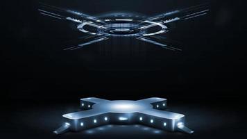 podio digital en forma de cruz con bombillas y holograma de anillos digitales y cruz en cuarto oscuro vector