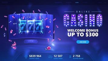 Web banner for website with button, augmented virtual reality interface with neon slot machine and poker chips vector