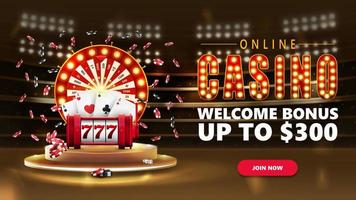 Banner with podium with Casino Wheel Fortune, Red slot machine, poker chips and playing cards in gold stadium arena with spotlights vector