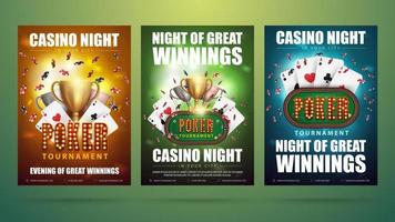 Poker tournament, set of invitation posters with casino elements. Posters with poker table with cards, chips and champion cups