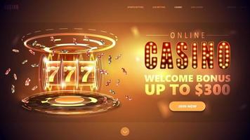 Online casino, gold banner with button, welcome bonus, neon Casino slot machine with jackpot, poker chips and hologram of digital rings in gold scene vector