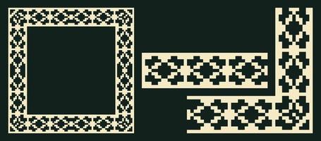 Lacy frame, corner and border with ukrainian embroidery vyshyvanka Pixel or square designed filigree frame for classic ornamental design vector