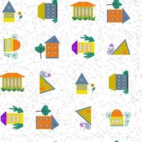 Hous pattern. Country abstract pattern. Seamless texture with village landscape, houses on white background. Repeat endless pattern, flat vector illustration, cartoon style