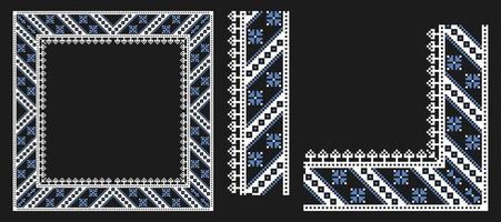 Lacy frame, corner and border with ukrainian embroidery vyshyvanka Pixel or square designed filigree frame for classic ornamental design vector