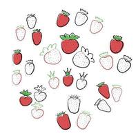 Strawberry with crown, hand drawn berry in black line, colored line and fill in colors. The queen from berries. Doodle strawberry for sweety summer childish modern design. Isolated vector illustration