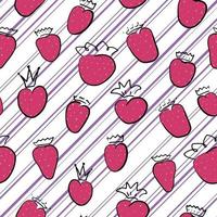 Strawberry with crown on diagonal lines, hand drawn berry. Seamless pattern with the queen of berries. Doodle strawberry for sweety summer childish design. Repeat endless vector illustration