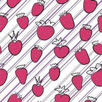 Strawberry with crown on diagonal lines, hand drawn berry. Seamless pattern with the queen of berries. Doodle strawberry for sweety summer childish design. Repeat endless vector illustration