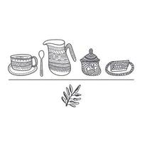 Tableware tea time. Elements cafe design, coffee brake, desert in restaurant. Ethnic decorated kitchenware doodle style. Vector illustration isolated on white background