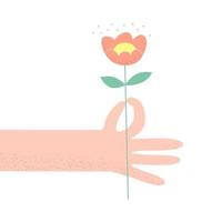 Hand hold flower in flat style. Hand and flower on white background. Isolated vector illustration