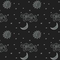 Night sky pattern with stars, moon, sun, cloud. Cute simple abstract seamless pattern. Tileable tribal texture for design. Doodle vector illustration